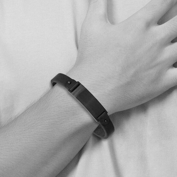 10mm Black Plated Stainless Steel & Black Leather I.D. Bracelet 8.5 In - Picture 3 of 5